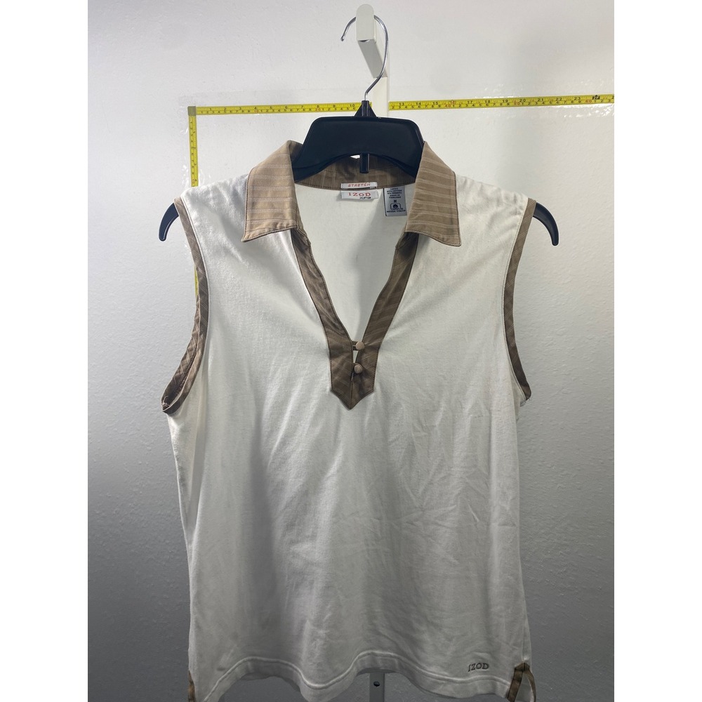 IZOD XFG Womens Sleeveless Polo Shirt White Tan Pinstripe Golf Tennis Top Size M